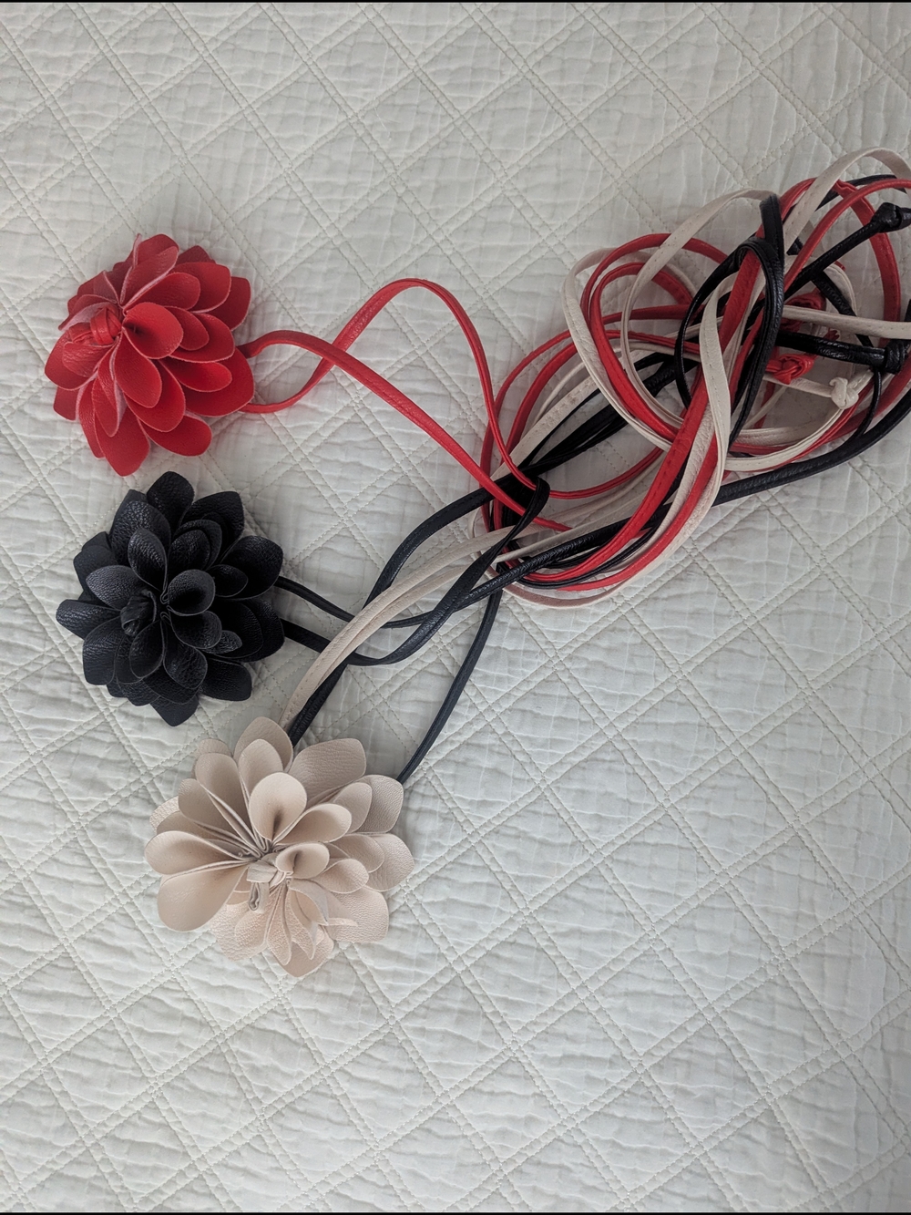 Set Of 3 Faux Leather Boho Flower Belts in Red, Black, Cream